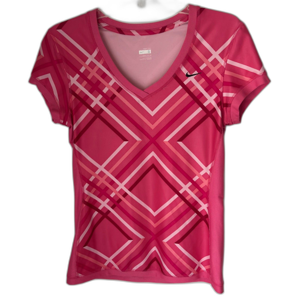 NIKE FIT DRY Ladies Size S 4-6 V Neck Pink Stripe Activewear Fitness Top
